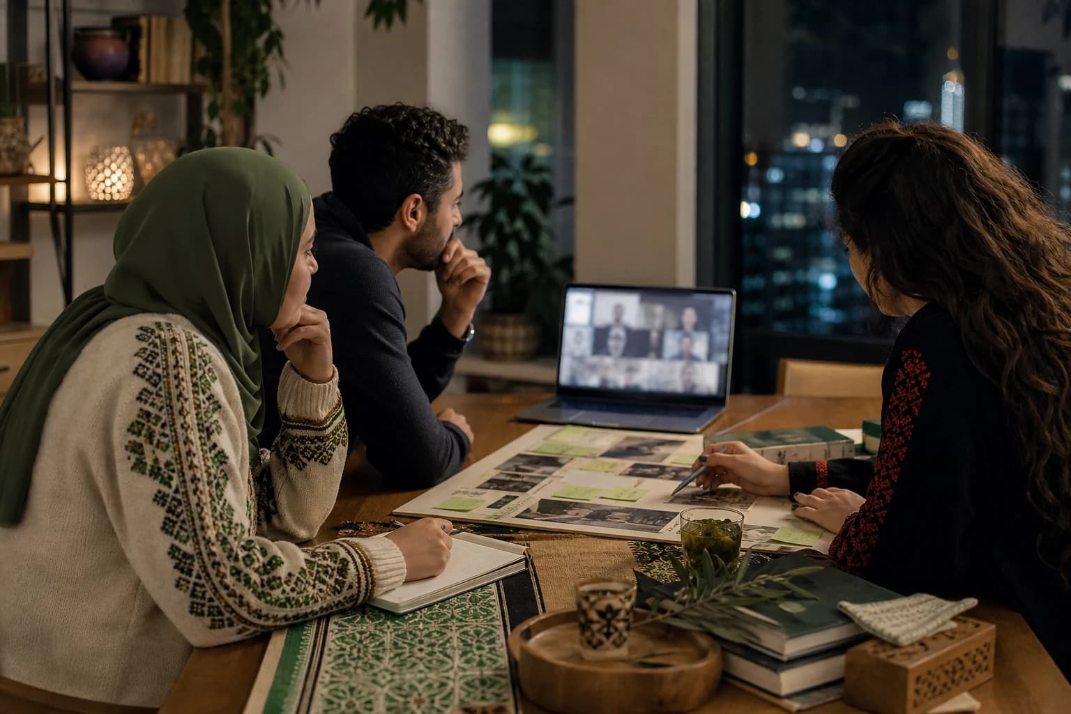 مشهد تعبيري لفلسطينيين في الشتات يشاركون في جلسة عمل عن بُعد