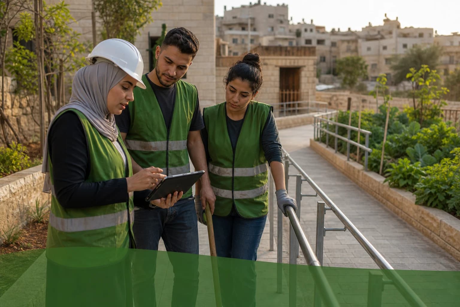 مشهد تعبيري لمتطوعين يراجعون تحسين ممر عام متاح للجميع