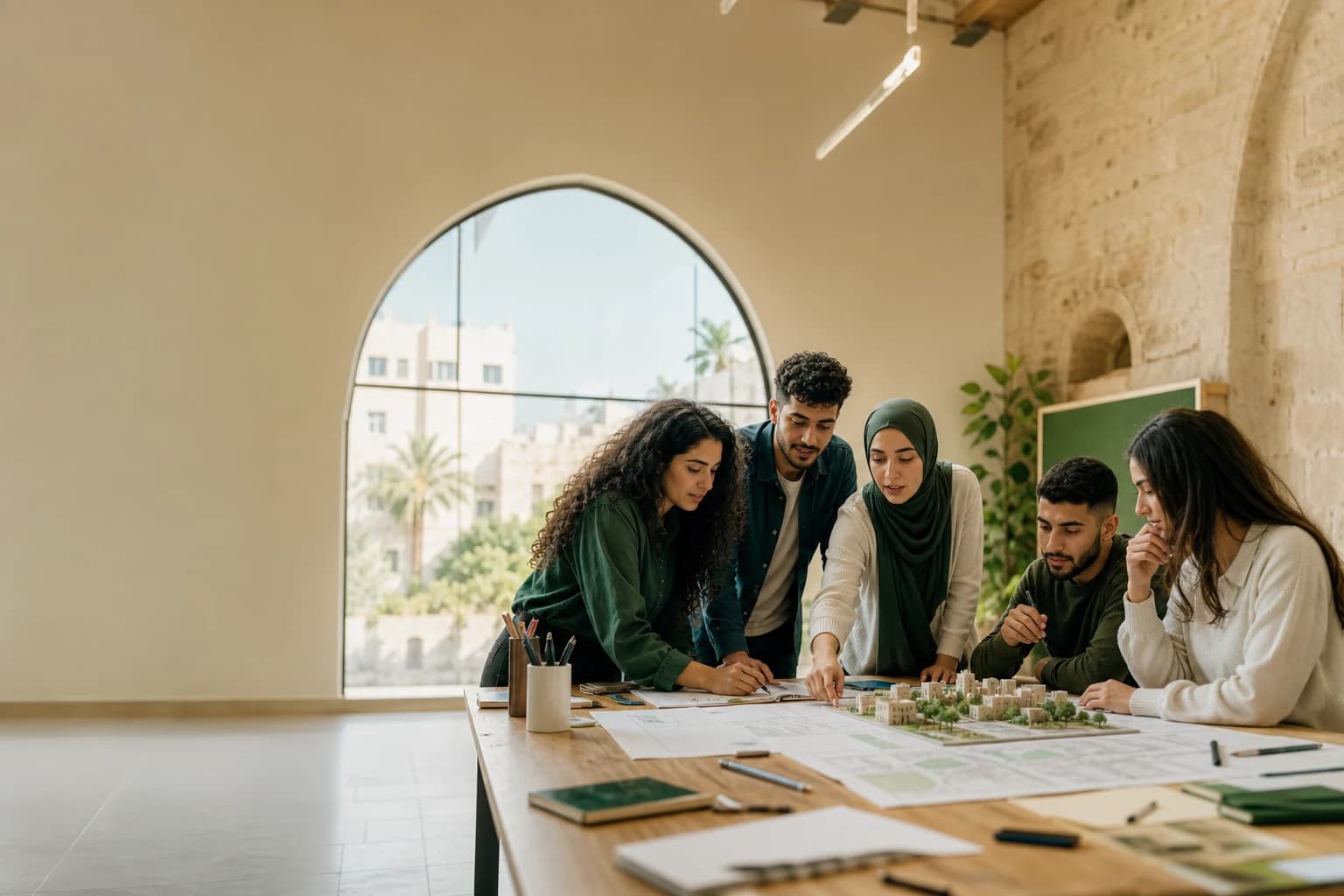 مشهد تعبيري لفلسطينيين يخططون معًا لمبادرة مجتمعية